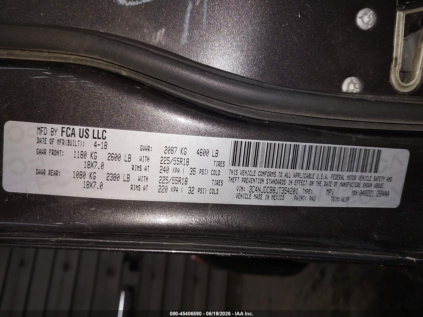 2018 Jeep Compass VIN 3C4NJDCB8JT354201 IAAI salvage auction — RIGHT FRONT, Salvage (Pennsylvania), sold $950 on 2026-07-11 (photo 9)