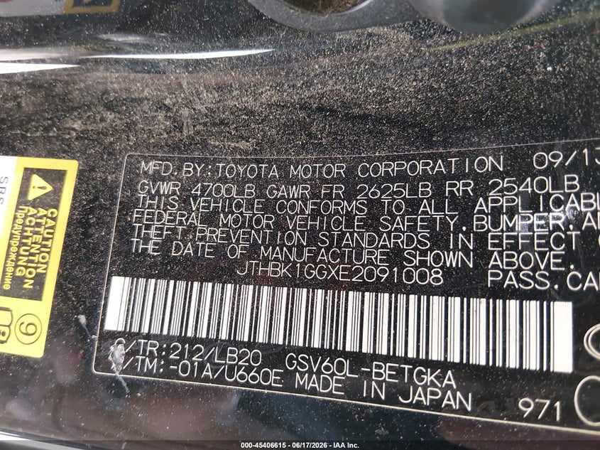 2014 Lexus ES VIN JTHBK1GGXE2091008 IAAI salvage auction — FRONT END, Salvage Title, sold $2,900 on 2026-08-27 (photo 9)