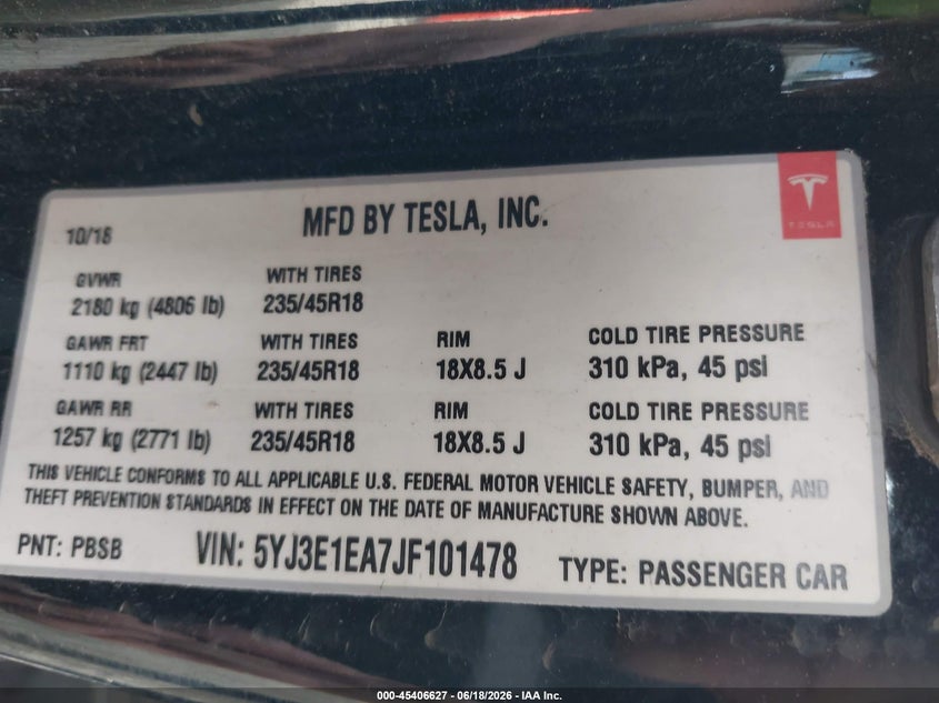 2018 Tesla Model 3 VIN 5YJ3E1EA7JF101478 IAAI salvage auction — LEFT FRONT, Salvage (Oregon), sold $3,350 on 2026-07-31 (photo 9)