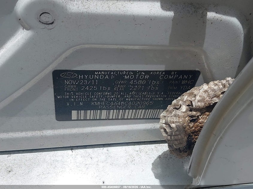 2012 Hyundai Sonata VIN KMHEC4A48CA020965 IAAI salvage auction — FRONT END, Clear (Florida), sold $700 on 2026-07-23 (photo 9)
