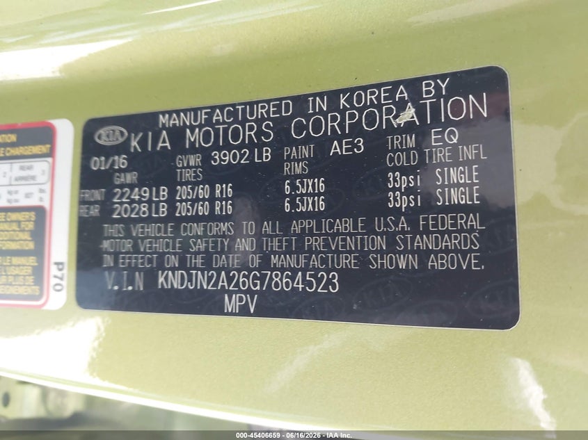 2016 Kia Soul VIN KNDJN2A26G7864523 IAAI salvage auction — NORMAL WEAR, Clear - Dealer Only (California), sold $400 on 2026-07-13 (photo 9)