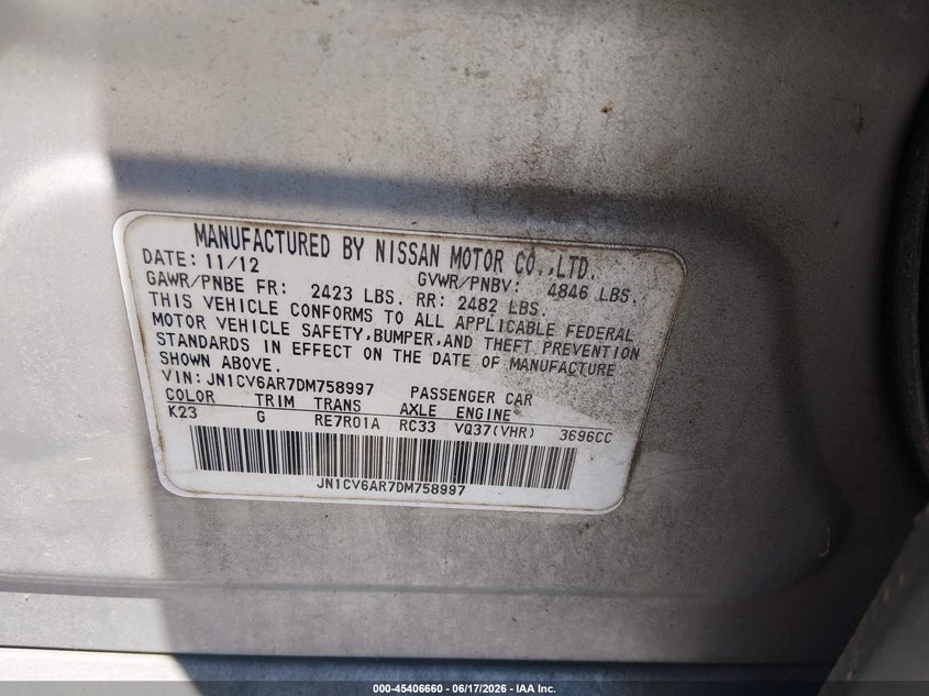 2013 Infiniti VIN JN1CV6AR7DM758997 IAAI salvage auction — FRONT END, Certificate Of Title (Montana), sold $300 on 2026-07-17 (photo 9)