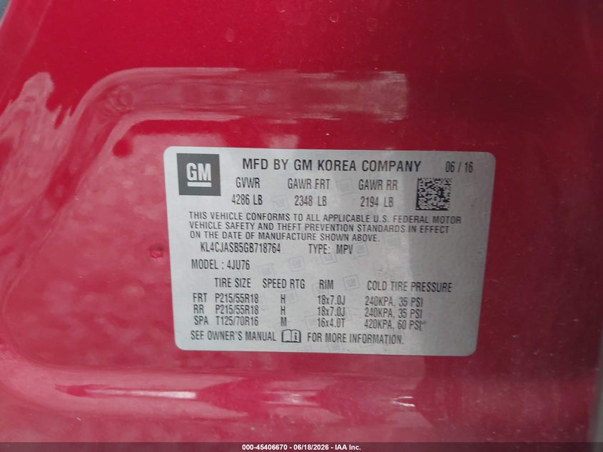 2016 Buick Encore VIN KL4CJASB5GB718764 IAAI salvage auction — FRONT END, Clear (Tennessee), sold $950 on 2026-07-23 (photo 9)