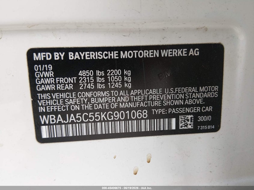 2019 BMW 5er VIN WBAJA5C55KG901068 IAAI salvage auction — RIGHT FRONT, Salvage (Mississippi), sold $5,500 on 2026-07-13 (photo 9)