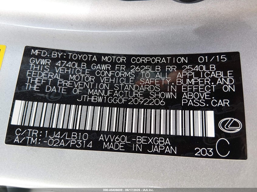 2015 Lexus VIN JTHBW1GG0F2092206 IAAI salvage auction — RIGHT SIDE, Salvage (Arizona), sold $5,400 on 2026-07-21 (photo 9)
