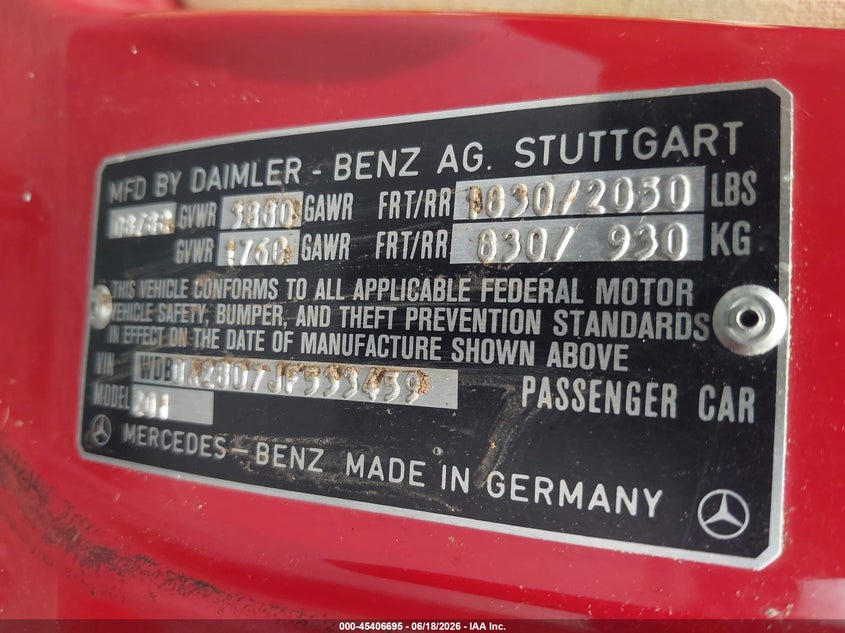 1988 Mercedes-benz 190 VIN WDBDA28D7JF533459 IAAI salvage auction — NORMAL WEAR, Clear (Georgia), sold $550 on 2026-07-15 (photo 9)