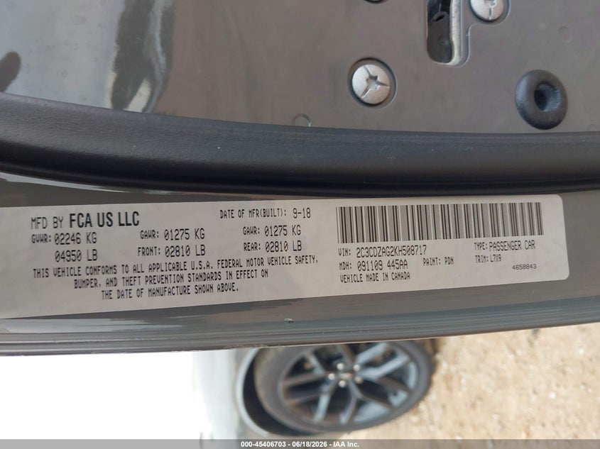 2019 Dodge Challenger VIN 2C3CDZAG2KH508717 IAAI salvage auction — HAIL, Clear (Missouri), sold $7,000 on 2026-08-21 (photo 9)