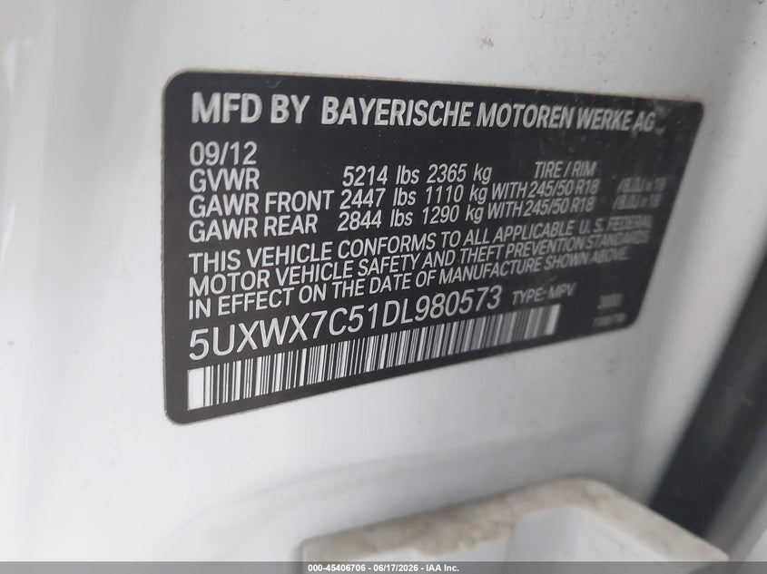 2013 BMW X3 VIN 5UXWX7C51DL980573 IAAI salvage auction — RIGHT SIDE, Salvage Title, sold $75 on 2026-07-21 (photo 9)