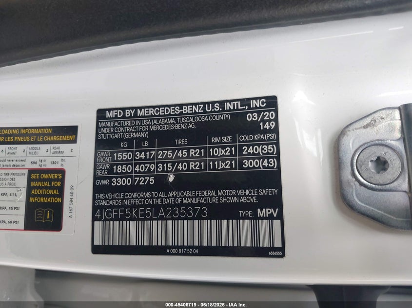 2020 Mercedes-benz Gls-klasse VIN 4JGFF5KE5LA235373 IAAI salvage auction — REAR END, Salvage Title, sold $15,500 on 2026-07-31 (photo 9)