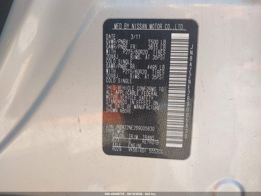 2011 Infiniti Qx56 VIN JN8AZ2NE2B9005830 IAAI salvage auction — RIGHT SIDE, Junk Bill Of Sale Mv2459 (Wisconsin), sold $3,000 on 2026-07-16 (photo 9)