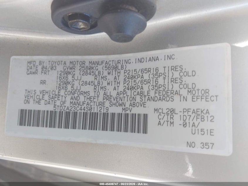 2004 Toyota Sienna VIN 5TDZA23C44S011219 IAAI salvage auction — NORMAL WEAR, Original (Ohio), sold $75 on 2026-07-21 (photo 9)