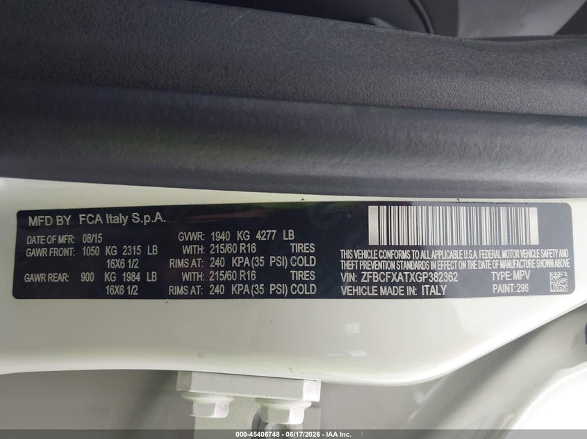 2016 Fiat 500x VIN ZFBCFXATXGP382362 IAAI salvage auction — SIDE, Salvage Title, sold $875 on 2026-08-14 (photo 9)
