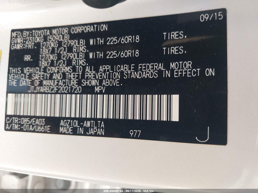 2015 Lexus VIN JTJYARBZ2F2021720 IAAI salvage auction — HAIL, Salvage Title, sold $7,600 on 2026-08-02 (photo 9)