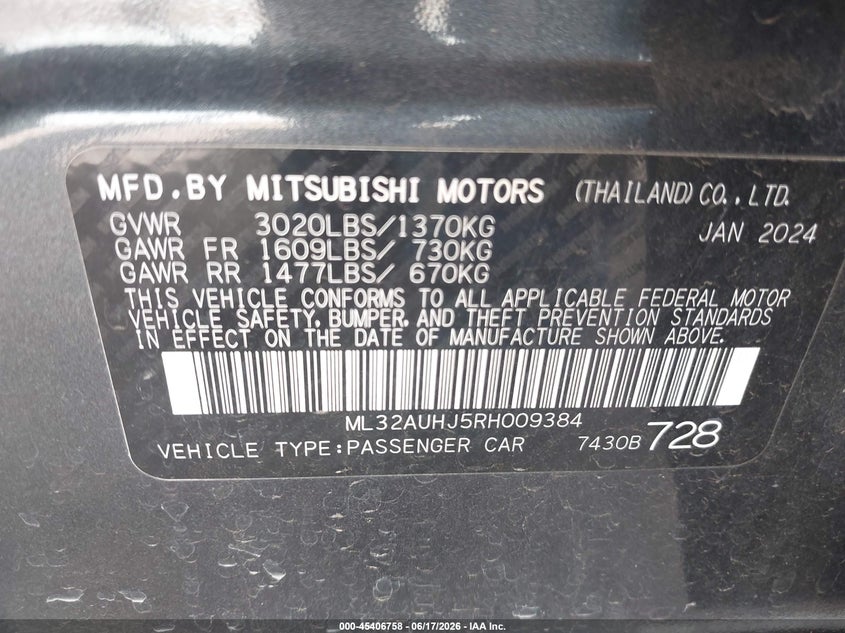 2024 Mitsubishi Mirage VIN ML32AUHJ5RH009384 IAAI salvage auction — LEFT REAR, Enterprise Vehicles Clear Only (California), sold $7,300 on 2026-07-07 (photo 9)