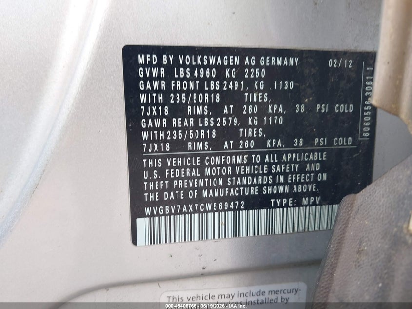 2012 Volkswagen Tiguan VIN WVGBV7AX7CW569472 IAAI salvage auction — NORMAL WEAR, Clear (Massachusetts), sold $425 on 2026-07-17 (photo 9)