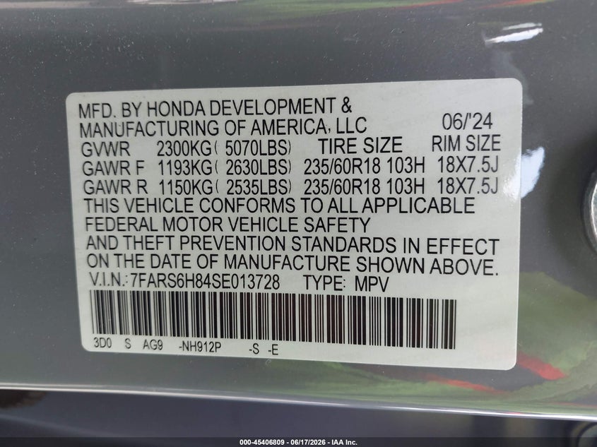 2025 Honda VIN 7FARS6H84SE013728 IAAI salvage auction — FRONT END, Salvage (Georgia), sold $17,700 on 2026-07-28 (photo 9)
