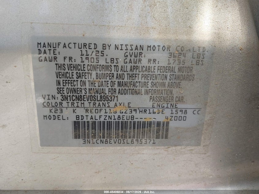 2025 Nissan Versa VIN 3N1CN8EV0SL895371 IAAI salvage auction — FRONT END, Salvage (Georgia), sold $3,975 on 2026-09-25 (photo 9)