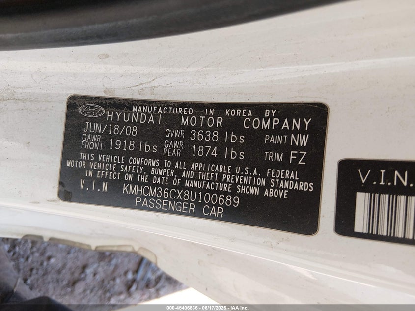 2008 Hyundai Accent VIN KMHCM36CX8U100689 IAAI salvage auction — FRONT END, Clear-Dealer Only (Arizona), sold $25 on 2026-07-28 (photo 9)