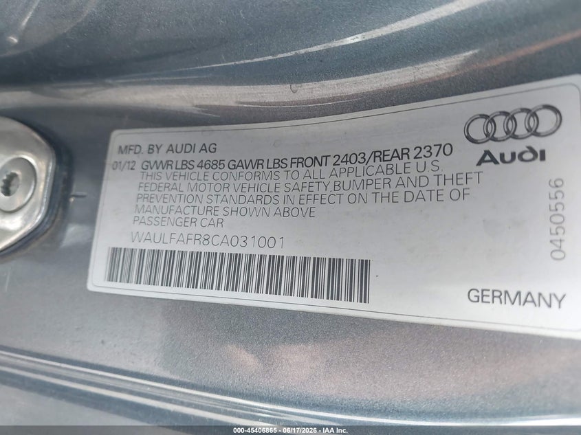 2012 Audi A5 VIN WAULFAFR8CA031001 IAAI salvage auction — FRONT END, Clear (Mississippi), sold $475 on 2026-07-11 (photo 9)