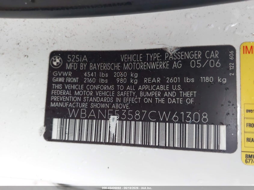 2007 BMW 5 series VIN WBANE53587CW61308 IAAI salvage auction — NORMAL WEAR, Clear (Alabama), sold $300 on 2026-07-15 (photo 9)