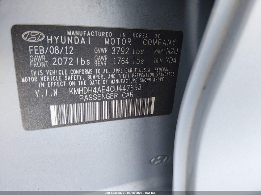 2012 Hyundai Elantra VIN KMHDH4AE4CU447693 IAAI salvage auction — THEFT, Salvage (South Carolina), sold $850 on 2026-07-29 (photo 9)
