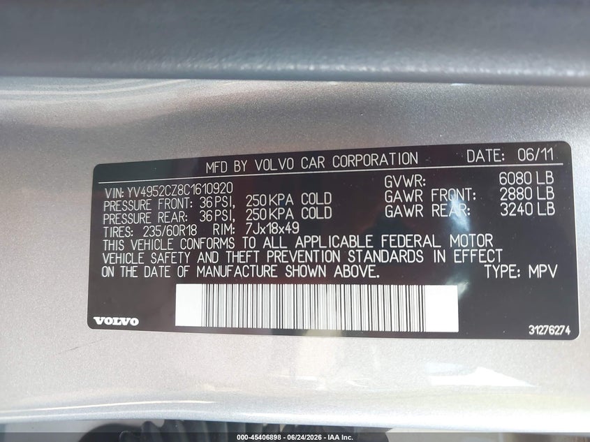2012 Volvo Xc90 VIN YV4952CZ8C1610920 IAAI salvage auction — Burn Engine, Salvage (Tennessee), sold $550 on 2026-07-16 (photo 9)