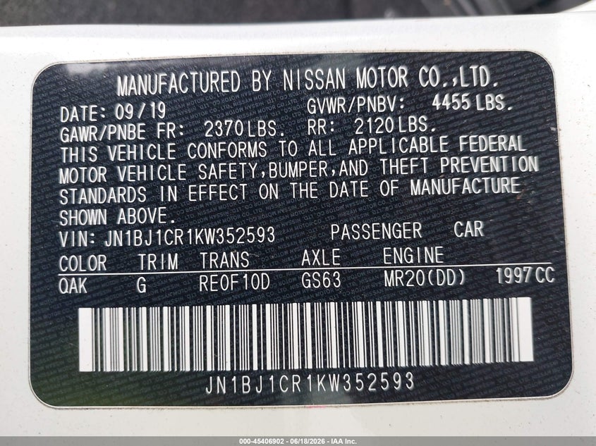 2019 Nissan Rogue VIN JN1BJ1CR1KW352593 IAAI salvage auction — LEFT SIDE, Mv-907A (New York), sold $4,450 on 2026-07-14 (photo 9)