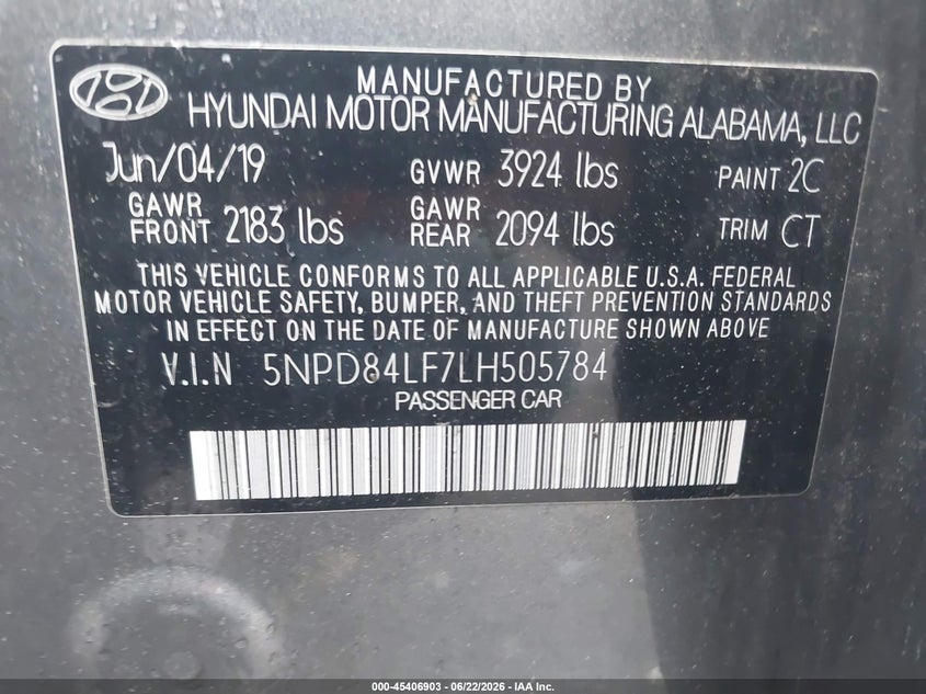 2020 Hyundai Elantra VIN 5NPD84LF7LH505784 IAAI salvage auction — REAR END, Salvage (Massachusetts), sold $1,900 on 2026-07-18 (photo 9)