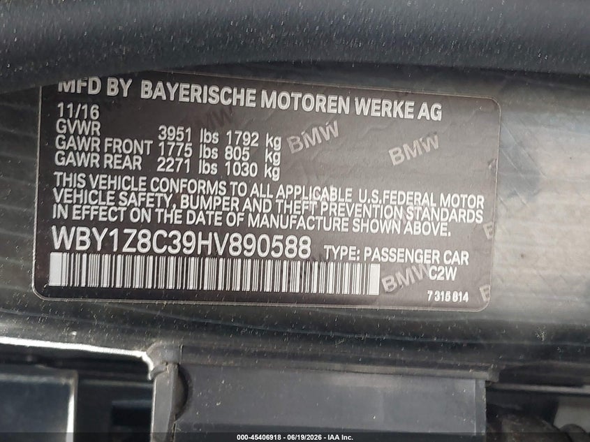 2017 BMW I3 VIN WBY1Z8C39HV890588 IAAI salvage auction — REAR END, Salvage (Massachusetts), sold $2,150 on 2026-07-10 (photo 9)