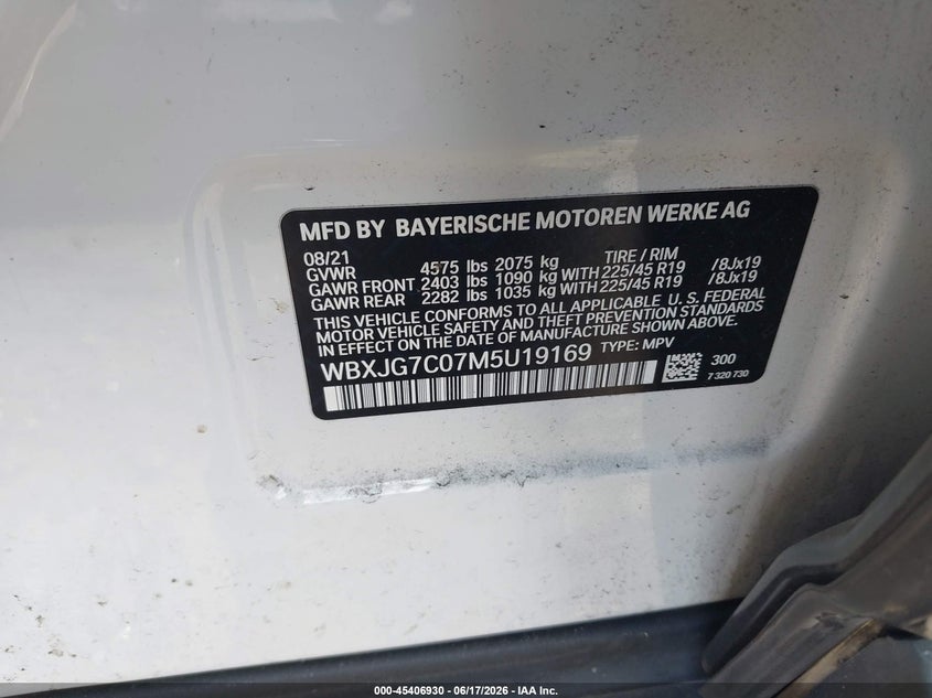 2021 BMW X1 VIN WBXJG7C07M5U19169 IAAI salvage auction — FRONT END, Certificate Of Destruction (Florida), sold $600 on 2026-07-20 (photo 9)