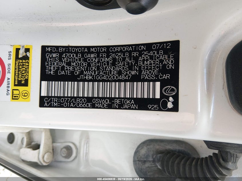2013 Lexus ES VIN JTHBK1GG4D2004847 IAAI salvage auction — FRONT & REAR, Salvage (Kentucky), sold $2,900 on 2026-07-31 (photo 9)