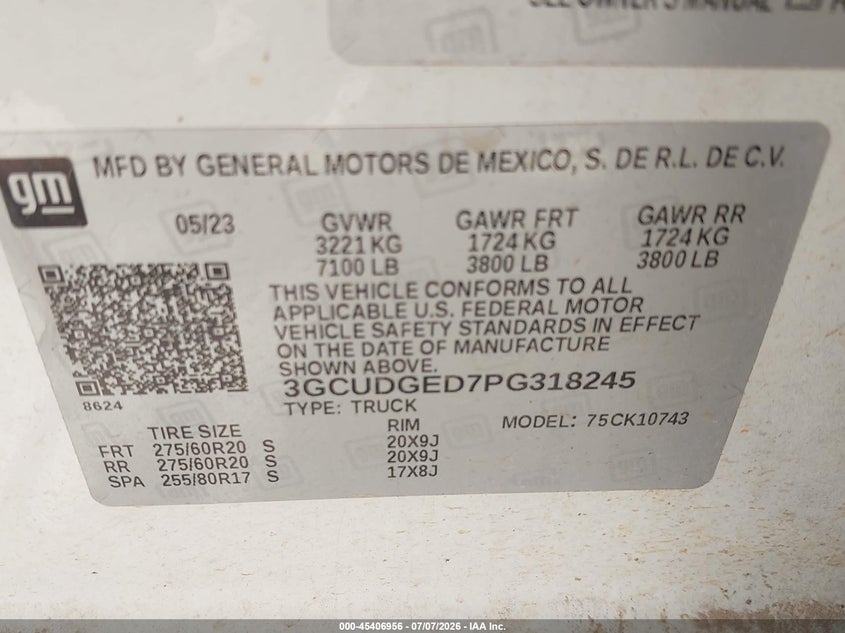 2023 Chevrolet Silverado 1500 VIN 3GCUDGED7PG318245 IAAI salvage auction — REAR END, Enterprise Vehicles Clear Only (Texas), sold $7,600 on 2026-07-10 (photo 8)