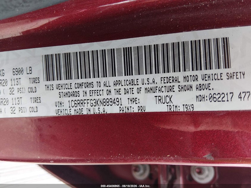 2019 Ram 1500 VIN 1C6RRFFG3KN889491 IAAI salvage auction — HAIL, Salvage (Ohio), sold $6,400 on 2026-07-26 (photo 9)