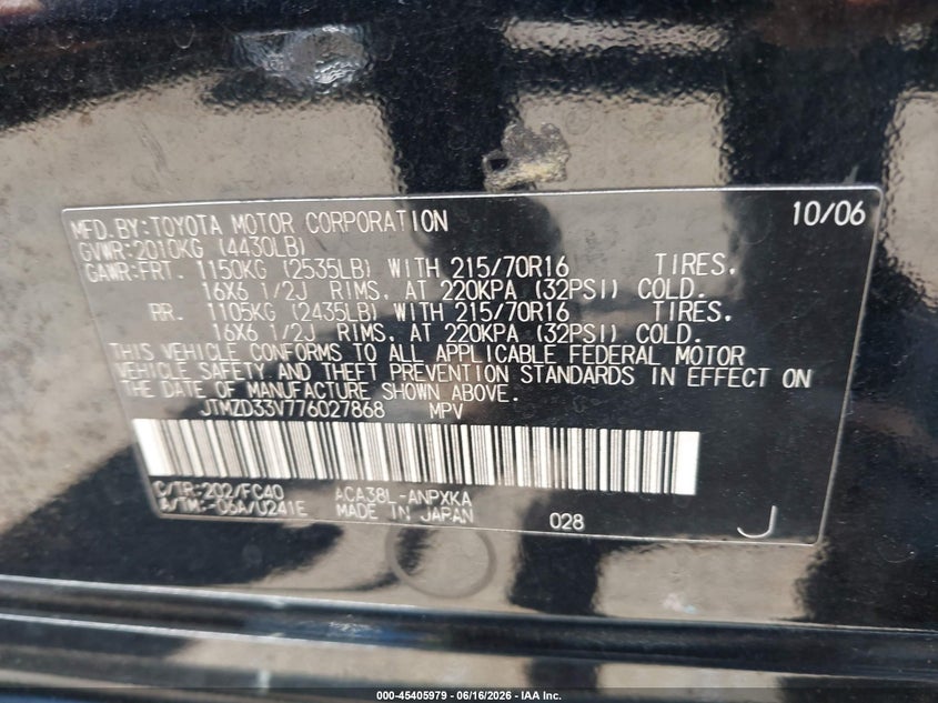 2007 Toyota Rav4 VIN JTMZD33V776027868 IAAI salvage auction — NORMAL WEAR, Clear (District Of Columbia), sold $1,750 on 2026-07-29 (photo 9)
