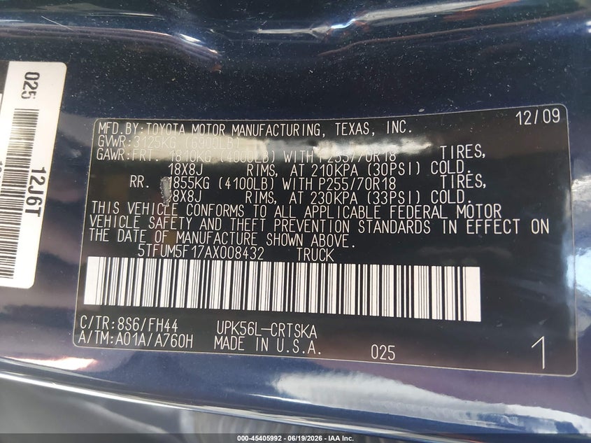 2010 Toyota Tundra VIN 5TFUM5F17AX008432 IAAI salvage auction — RIGHT REAR, Salvage (Ohio), sold $3,650 on 2026-07-07 (photo 9)