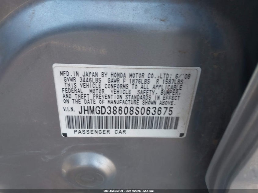 2008 Honda Fit VIN JHMGD38608S063675 IAAI salvage auction — WATER/FLOOD, Salvage (Texas), sold $550 on 2026-07-14 (photo 9)