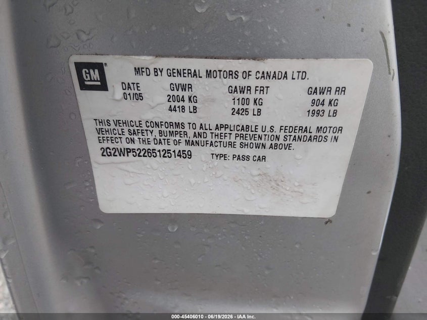 2005 Pontiac Grand prix VIN 2G2WP522651251459 IAAI salvage auction — NORMAL WEAR, Repossession Paperwork (Georgia), sold $25 on 2026-07-27 (photo 9)