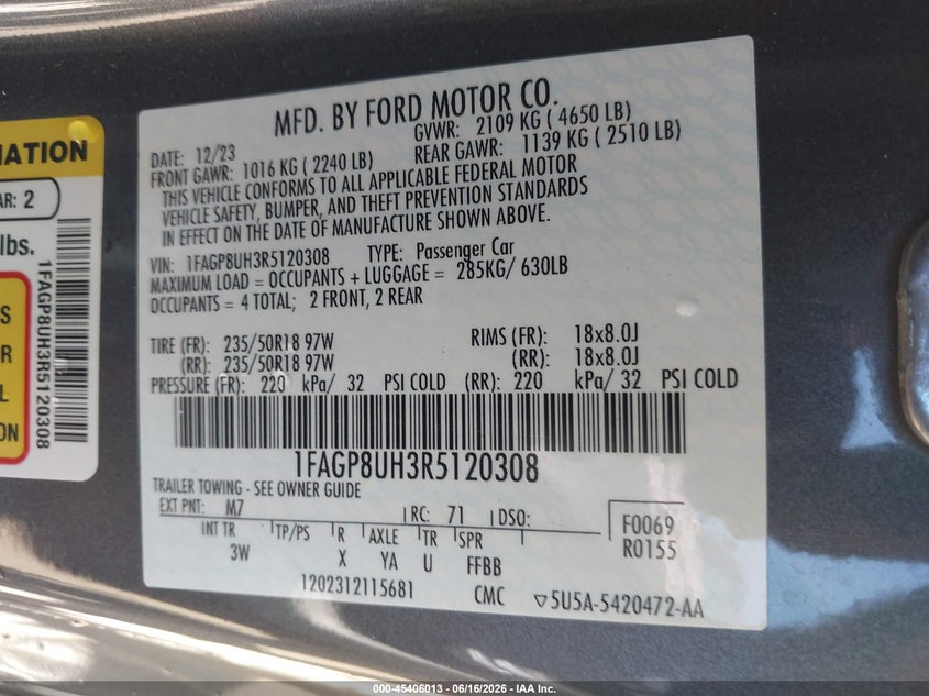 2024 Ford Mustang VIN 1FAGP8UH3R5120308 IAAI salvage auction — FRONT END, Salvage Title, sold $13,100 on 2026-09-10 (photo 9)