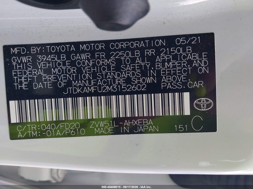 2021 Toyota Prius VIN JTDKAMFU2M3152602 IAAI salvage auction — FRONT END, Salvage - Greater Than 75% (Maryland), sold $8,000 on 2026-07-09 (photo 9)