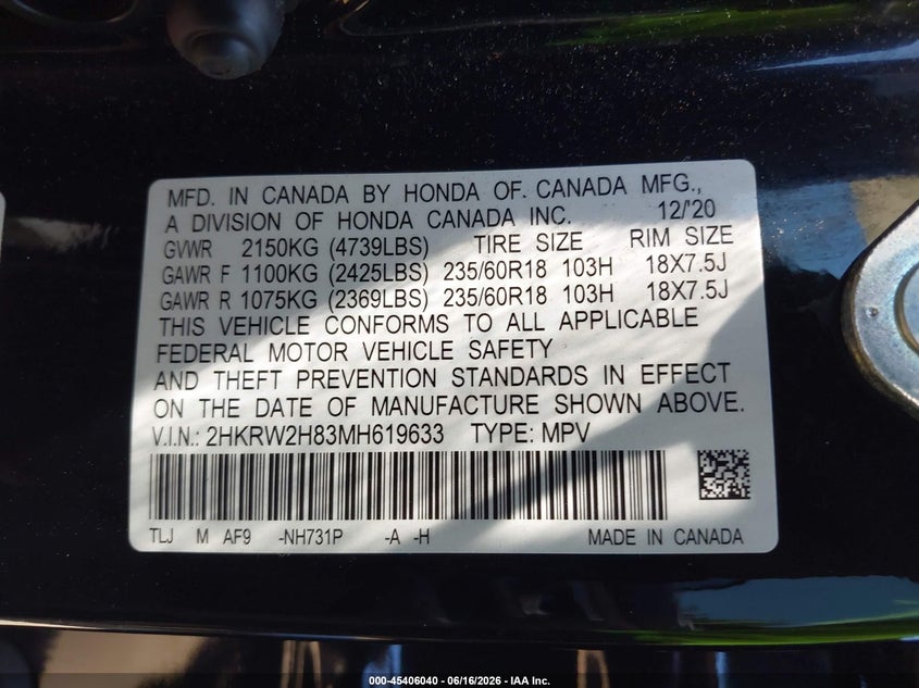 2021 Honda Cr-v VIN 2HKRW2H83MH619633 IAAI salvage auction — REAR END, Salvage Title, sold $10,975 on 2026-09-03 (photo 9)