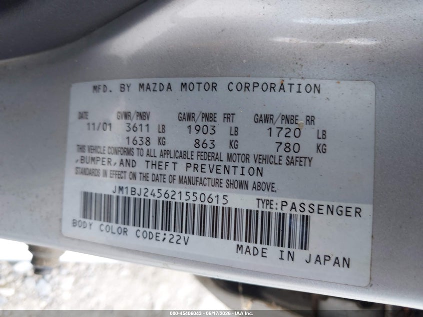 2002 Mazda Protege VIN JM1BJ245621550615 IAAI salvage auction — NORMAL WEAR, Clear (Virginia), sold $350 on 2026-07-07 (photo 9)