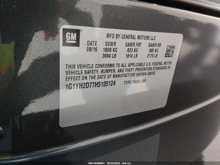 2017 Chevrolet Corvette VIN 1G1YH2D77H5105124 IAAI salvage auction — WATER/FLOOD, Salvage (Texas), sold $26,800 on 2026-07-30 (photo 9)