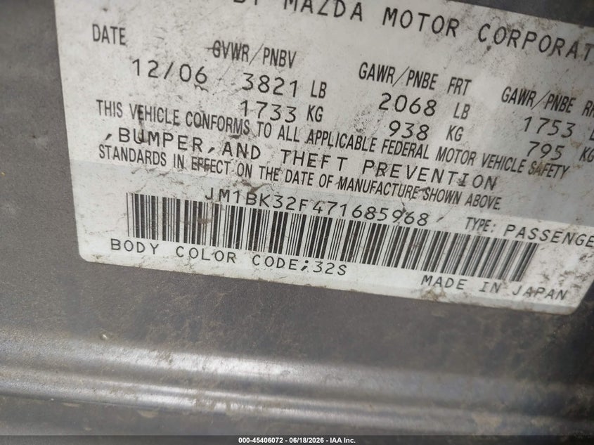 2007 Mazda 3 VIN JM1BK32F471685968 IAAI salvage auction — LEFT SIDE, Clear (Virginia), sold $375 on 2026-07-13 (photo 9)