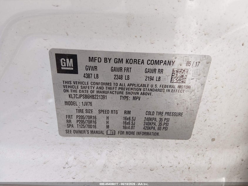 2017 Chevrolet Trax VIN KL7CJPSB6HB221391 IAAI salvage auction — LEFT FRONT, Salvage (Pennsylvania), sold $1,125 on 2026-07-07 (photo 9)