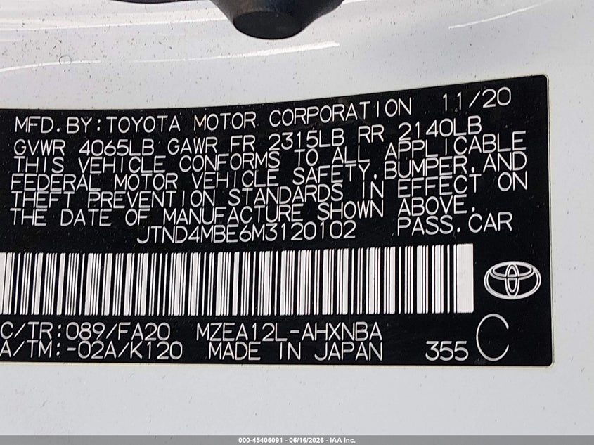 2021 Toyota Corolla VIN JTND4MBE6M3120102 IAAI salvage auction — FRONT END, Salvage (California), sold $5,550 on 2026-07-13 (photo 9)