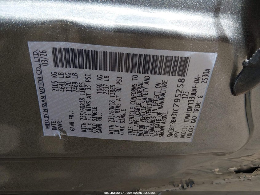 2026 Nissan Rogue VIN 5N1BT3BA3TC795258 IAAI salvage auction — LEFT SIDE, Salvage (Tennessee), sold $5,525 on 2026-07-20 (photo 8)