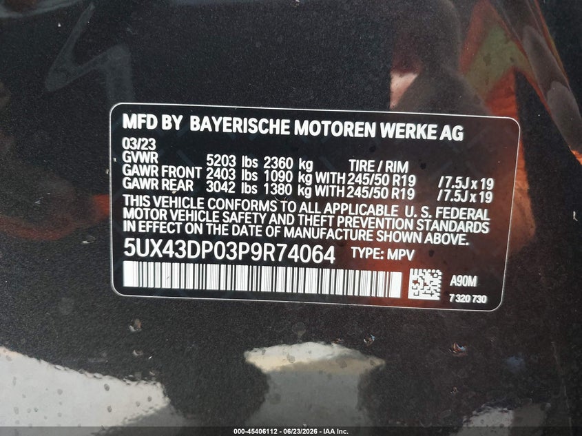 2023 BMW X3 VIN 5UX43DP03P9R74064 IAAI salvage auction — WATER/FLOOD, Salvage (Texas), sold $20,050 on 2026-07-30 (photo 9)