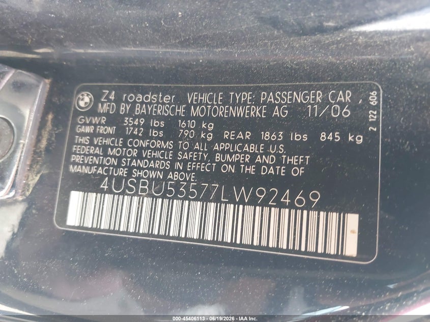 2007 BMW Z4 VIN 4USBU53577LW92469 IAAI salvage auction — FRONT END, Mv-907A (New York), sold $1,350 on 2026-07-24 (photo 9)