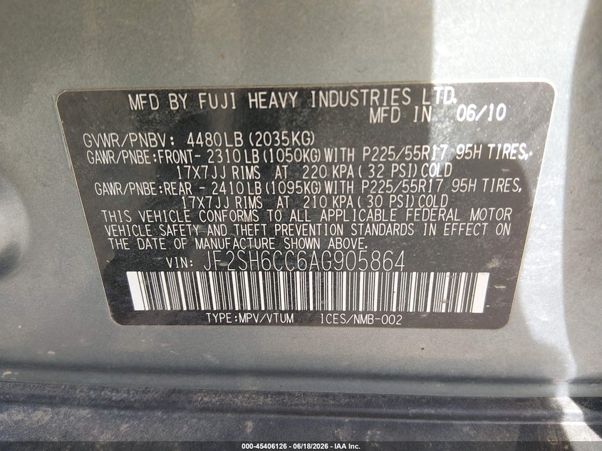 2010 Subaru Forester VIN JF2SH6CC6AG905864 IAAI salvage auction — NORMAL WEAR, Clear (Colorado), sold $375 on 2026-07-07 (photo 9)