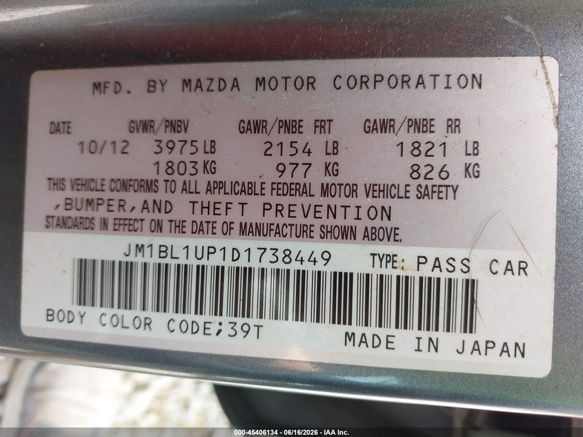 2013 Mazda VIN JM1BL1UP1D1738449 IAAI salvage auction — NORMAL WEAR, Clear (Alabama), sold $375 on 2026-07-20 (photo 9)